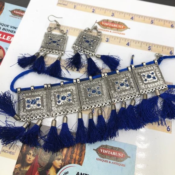 Silver Kuchi Afghan Jewelry Set With Dangling Tassels, Tribal Set - Picture 1 of 4